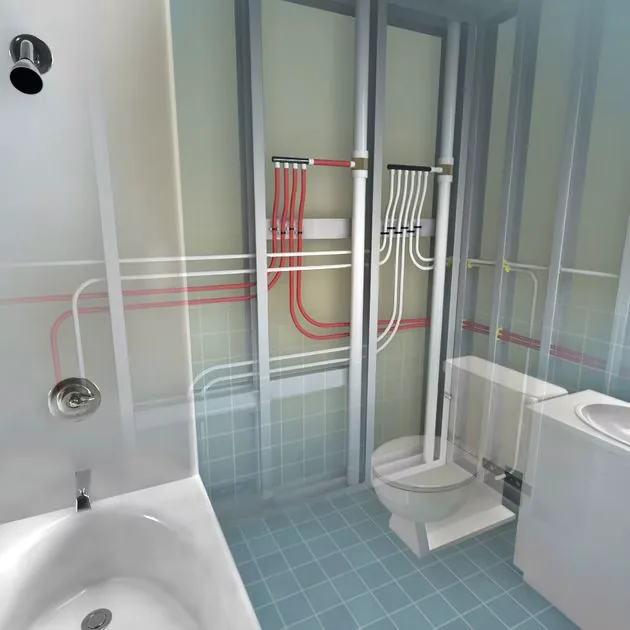 Cutaway diagram of PEX hot and cold lines feeding a bathroom – Bathroom Remodel Plumbing for Lake Forest, CA homes